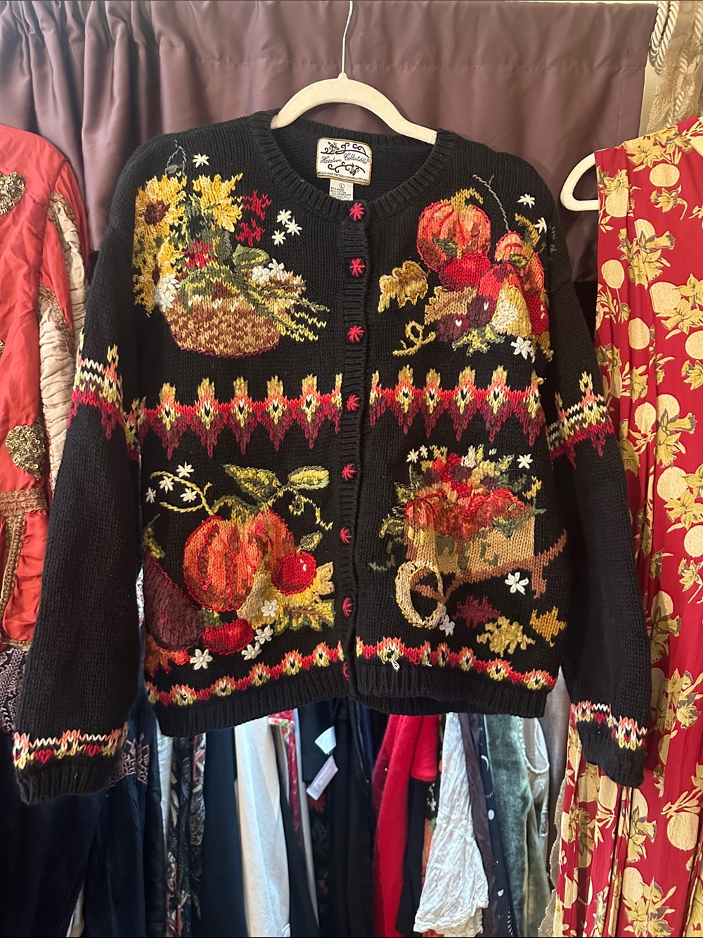 Heirloom Collectibles Pumpkin Autumn Cardigan Hallloween Sunflowers Apples Large